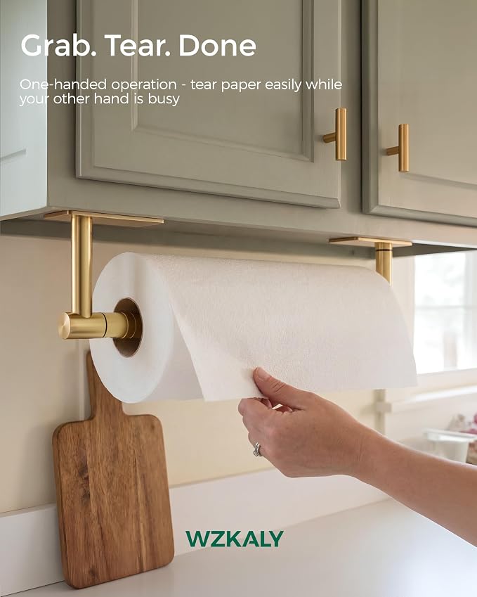 Gold Paper Towel Holder Under Cabinet with Damping Self Adhesive | 304 Stainless Steel Post Pivoting Design Wall Mounted & No Drilling, Single Hand Operable for Kitchen Bathroom, Square Base