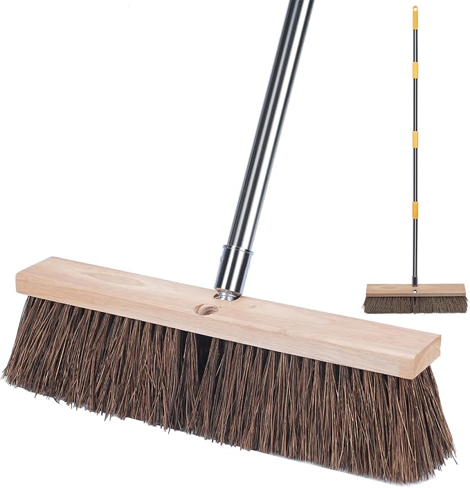 Heavy Duty 18" Push Broom with 65" Long Handle for Outdoor and Commercial | Large Wide Shop Broom, Stiff Palmyra Bristle Outside Broom Brush for Sweeping Concrete Floor, Garage, Patio, Yard, Lawn