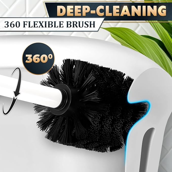 2Pcs Stainless Steel Toilet Brush and Holder Set, Hand Guard (White) | Toilet Bowl Brush and Holder, Removable Inner Bowl, Dense Bristles, Long Handle, Scratch Resistant, for Modern Bathrooms