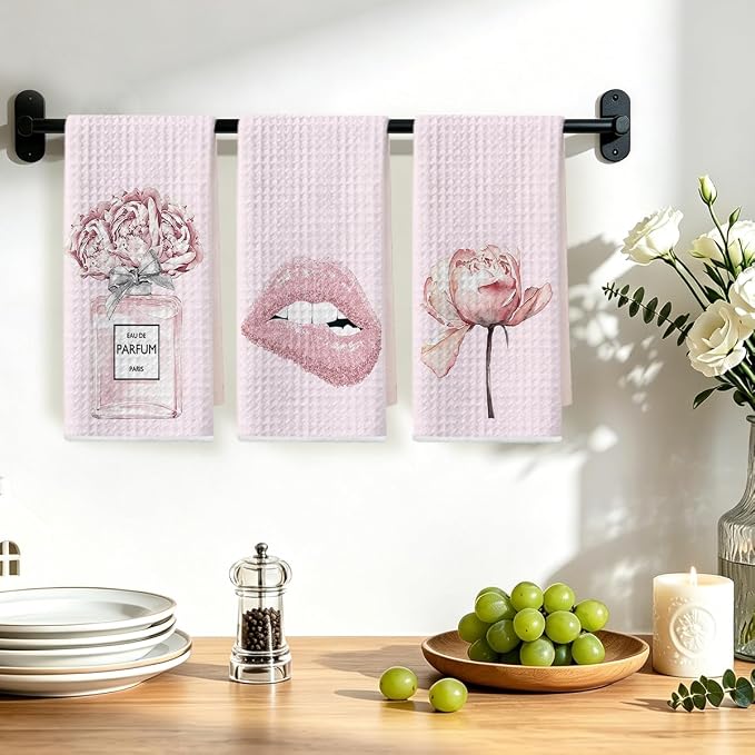 3 Pcs Pink Hand Towels, Perfume Flower Decor Reusable Dish Towels | Fashion Gifts for Women Mom Girls Friend, Waffle Weave Microfiber Towels for Bathroom Home Decor 24x14 Inch