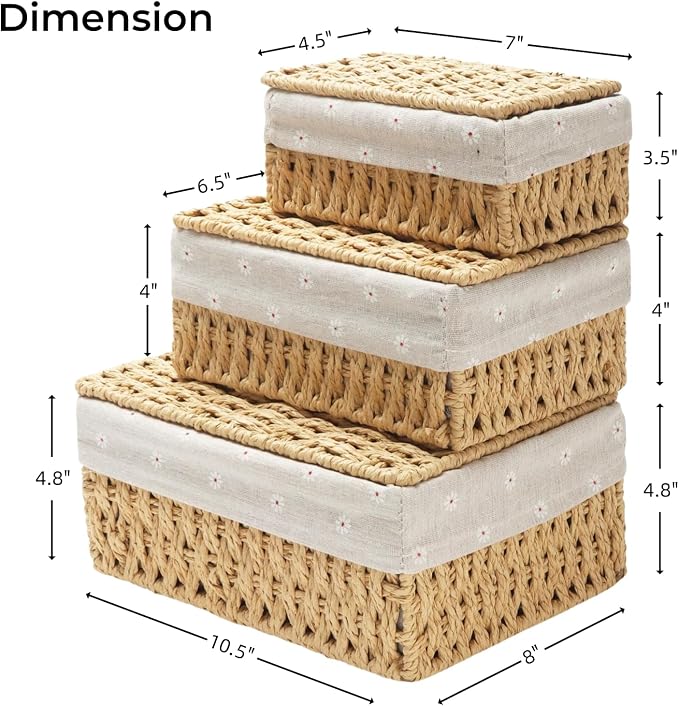 GIB Small Wicker Storage Baskets with Lid/Liner Woven Cute Decorative Boxes | Boho Paper Rope Baskets for Shelves Table Desktop Organizing, Bathrooom Makeup Organizer Storage Bins Container, Set of 3