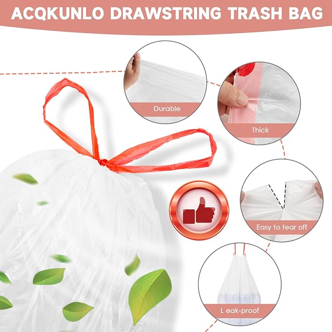 8 Gallon Trash Bags Drawstring Unscented - Magesh 5 Rolls 100 Count Medium Garbage Bag Clear White 30 Liter Strong Plastic Wastebasket Can Liners for Home Kitchen Outdoor Camping