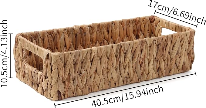 Moosky Wicker Storage Baskets with Handle Water Hyacinth Basket for Organizing Decorative Storage Bins for Countertop Toilet Tank Boho Rectangular Home Organizer (Natural, 15.9" x 6.8" x 4.1")