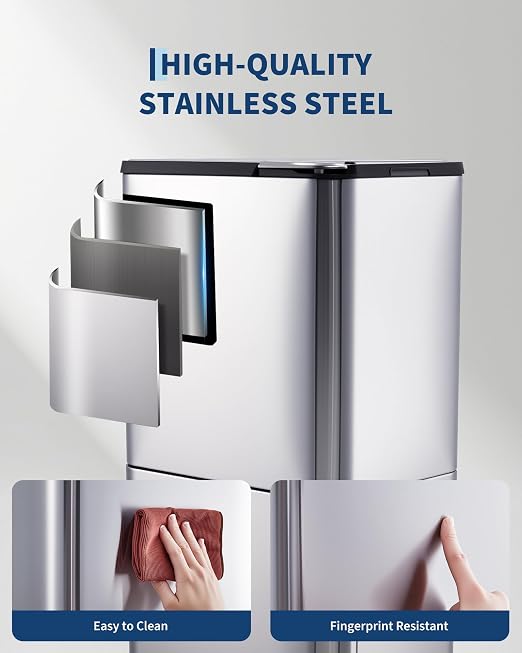 Garvee Dual Trash Can for Kitchen, 2 Compartment (33L + 28L) Garbage Can | Stainless Steel Trash and Recycle Bin Combo, with Compost Bin, Removable Inner Bucket, Odor Control, Silver