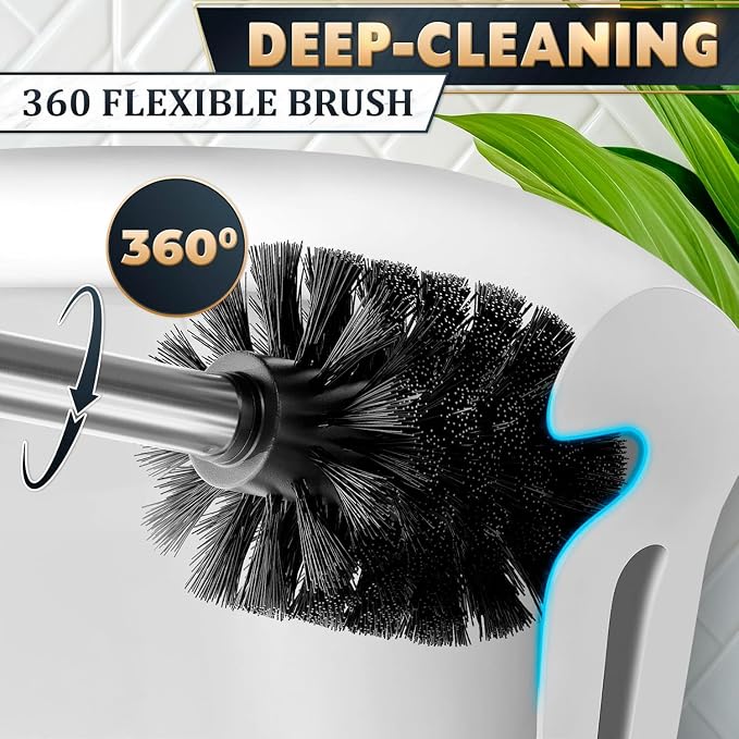 2Pcs Stainless Steel Toilet Brush and Holder Set, Hand Guard (Silver) | Toilet Bowl Brush and Holder, Removable Inner Bowl, Dense Bristles, Long Handle, Scratch Resistant, for Modern Bathrooms