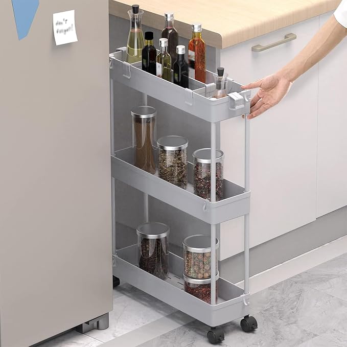 2-piece Set Slim Storage Cart 3 Tier,Bathroom Organizer Rolling Utility,Mobile Shelving Unit Slide Out for Office, Kitchen, Laundry Room & Narrow Places