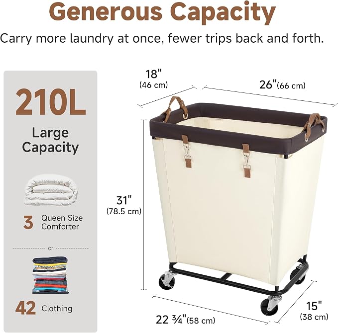 StorageWorks 210L Laundry Basket with Wheels, Rolling Hampers for Clothing | Large Beige Laundry Basket with Wheels & Handles, Rolling Cart for Bedroom, Bathroom, Dorm, Hotel
