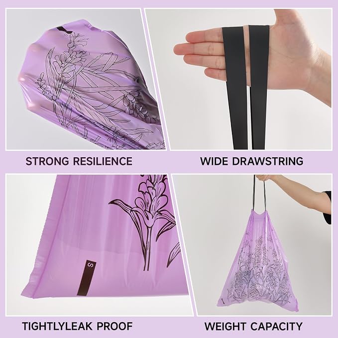 Floral Scent Collection Garbage Bags(Lavender,Jasmine,Rose,Lily of the valley) Trash Bags 4 gallon Drawstring For Bathroom,Office,Bedroom,Car,Flower Printing,Pack of 4(200 Counts)