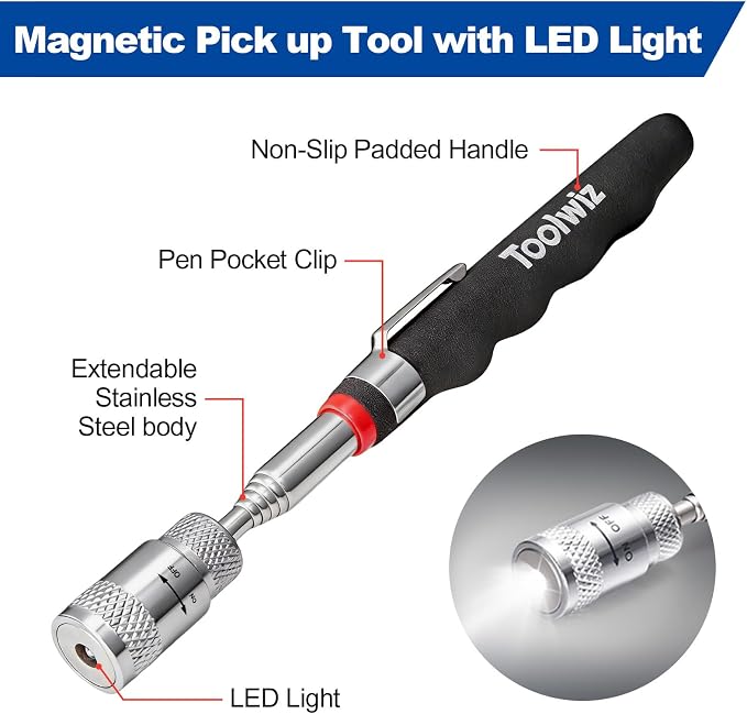 Toolwiz 17" Rolling Magnetic Sweeper with LED Telescopic Pick Up Tool | 10lbs Capacity Sweeper, 8lbs Telescopic Magnetic Pick Up Tool with LED Light, Lightweight with Wheels
