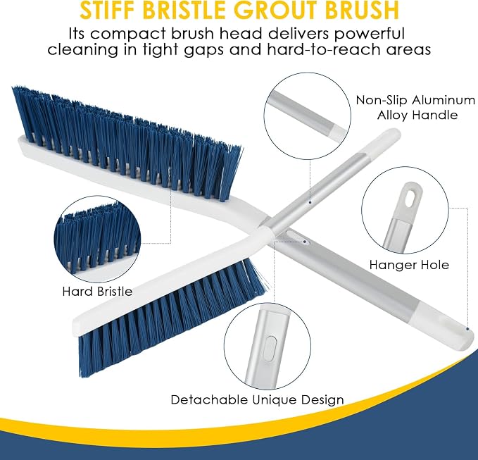 3 Pack Bathroom Shower Scrub Brush Set - Stiff Bristle Grout Cleaner Brush | 2-In-1 Detachable Shower Glass Squeegee with Replacement Sponges, Scrubbing Brushes for Cleaning Bathtub, Gaps, Tile, Sink