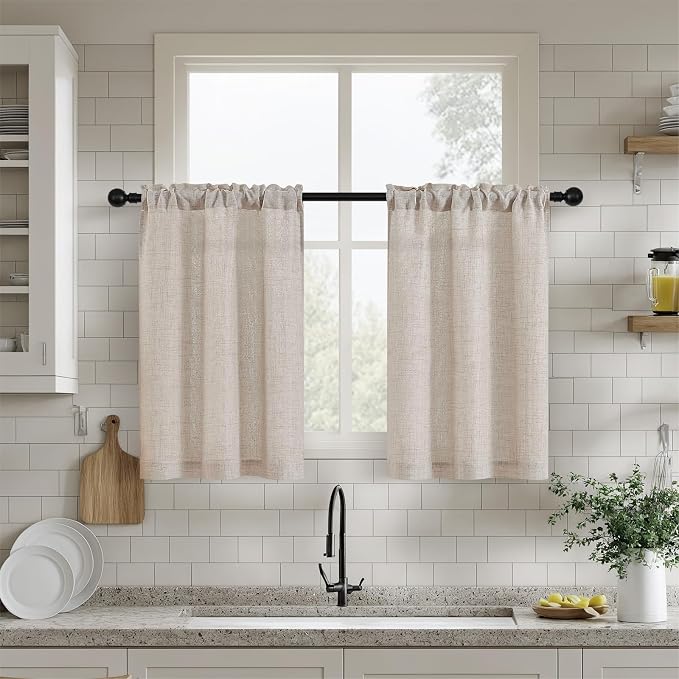 30 Inches Kitchen Curtains 2 Panels Light Coffee Tan Beige Linen | Privacy, Short Drapes, for Cafe Bathroom RV, Small Window Curtain, 30 Inch Length, Rustic Farmhouse Boho Curtains, W25xL30
