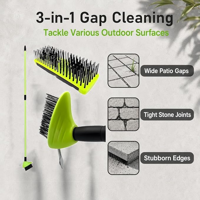 3-in-1 Versatile Weed Brush Combo Set, Floor Scrub Brush | With Long Handle, Deck Brush Gap Cleaning Brush & Metal Weeding Hook for Patio,Concrete, Driveway &Outdoor Cleaning(2-Set)