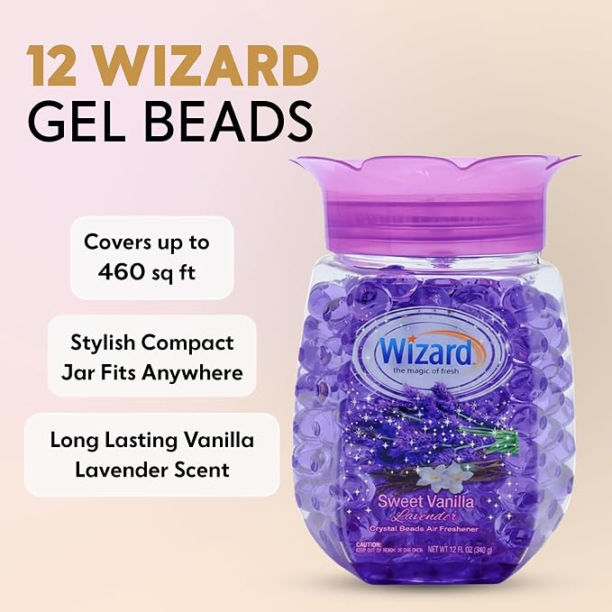 WIZARD Odor Eliminator Gel Beads - 12 oz, Pack of 12 - Air Freshners For Bathroom. Rooms, Per Areas and Car Freshner (VANILLA LAVENDER)
