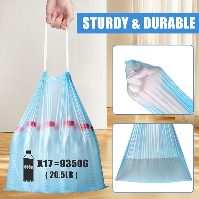 Small Trash Bags, 100 Count 4 Gallon Drawstring, Blue | Tear-Free, Unscented, Small Garbage Bags, For Bathroom Kitchen Office Bedroom