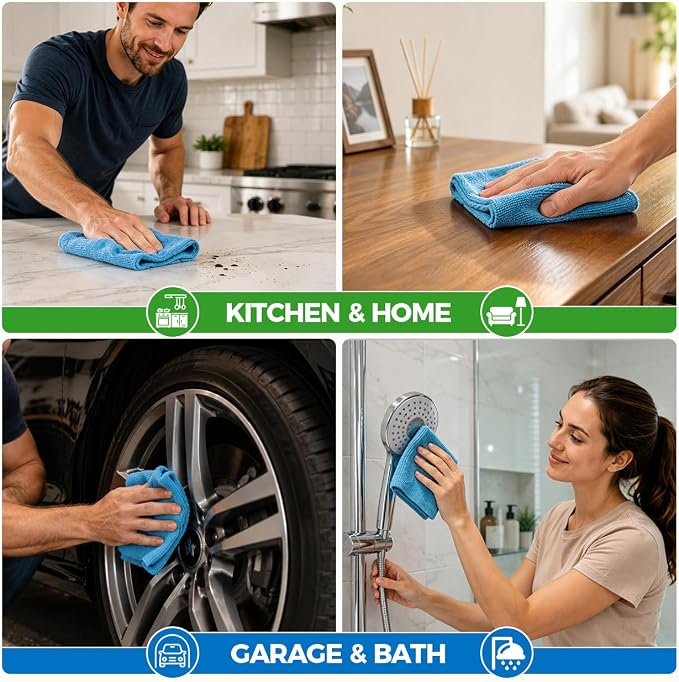 GLIMGLINT Reusable Shop Towels, 100 Pack Microfiber Cleaning Cloth, 11 x9 | Lint Free & Ultra Absorbent Cleaning Rags for Auto Repair, Detailing, Restaurants & Factories, Washable Shop Rag, Blue