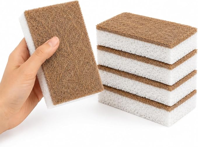 Plant-Based Kitchen Sponges, 5 Count, Cellulose Dish Sponges with Coconut Fiber Scrubber, Dual-Sided Cleaning Sponges for Dishes, Pots, Pans, Kitchen, Bathroom and Household