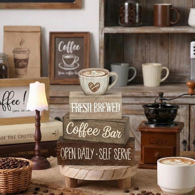 Moucuny 4 Pcs Coffee Bar Wooden Sign Decor Rustic Farmhouse Kitchen Table | Tiered Tray Centerpiece, Bar Supplies for Home, Self Serve Display, Station Decorations for Countertop, Rustic Gift