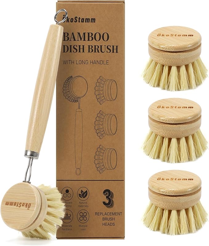 Long Handle Bamboo Dish Brush Set with 4 Replacement Brush Head | No Plastic, Bamboo Handle and Sisal Bristle, Natural Dish Scrubber Brush, Used for Cleaning Dish, Pan, Pot, Fruit and Veggie