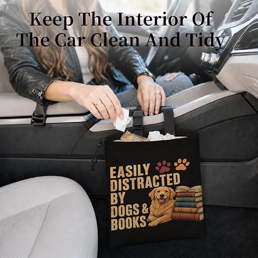 Golden Retriever Book Car Garbage Bag Canvas Trash Can | Easily Distracted by Dogs and Books Drawstring Car Trash Bag Hanging for Back Seat with Adjustable Buckle