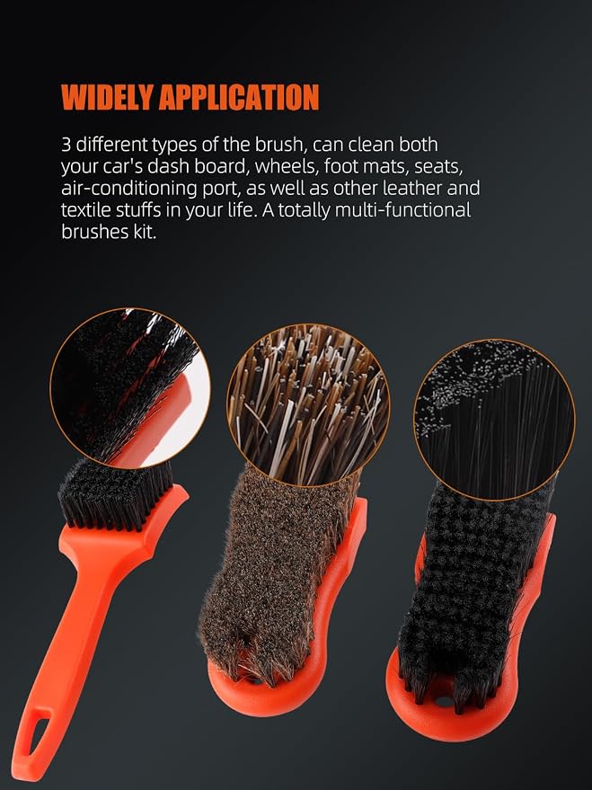 SPTA 3Pcs Car Detailing Brush Kit, Leather & Textile Interior Brush, Comfortable Grip and Scratch-Free Cleaning for Dashboard, Wheels, Seats, Foot Mats and Small Areas, Black