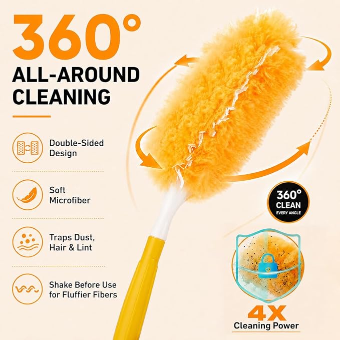 Duster Refill Kit Compatible with Swiffer Duster, 50 Count | Disposable, 360° Heavy Duty Microfiber Refills, Short Handle, Multi-Surface, For Cleaning Furniture Blinds Ceiling Fan