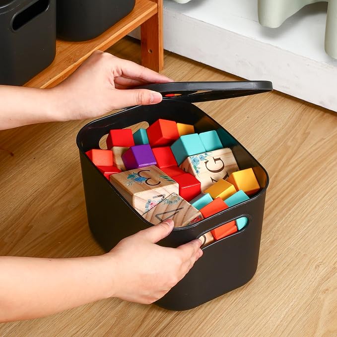 Hoolerry 8 Pack Storage Bins, 9.8 X 7.1 X 6.3 Inch Black | Plastic Stackable Containers with Lid Handle, For Shelves Desktop Playroom Office, Organizing Toys Books Supplies Storage