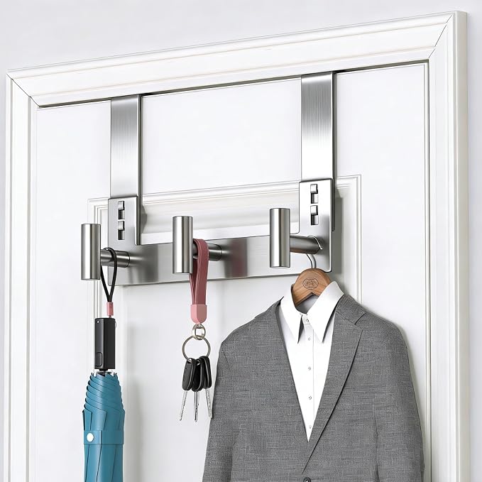 PMMASTO Door Hanger for 1-3/4 Inch Doors, Silver- 3 Hooks, T Shape | Stainless Steel Door Hooks Organize Coats Towels Robes in Bathrooms Bedrooms Closets