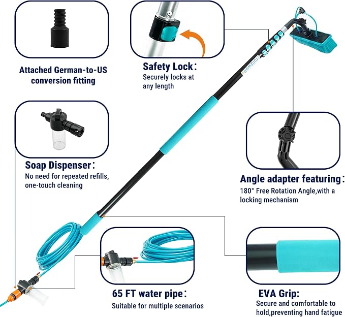 HoldwellS Solar Panel Cleaning Kit, 24FT Water Fed Pole with Extendable Handle, 180° Rotatable Brush Head & 65.6FT Hose, Household & Outdoor Window Cleaner Tool for Caravan Solar Panel Deck