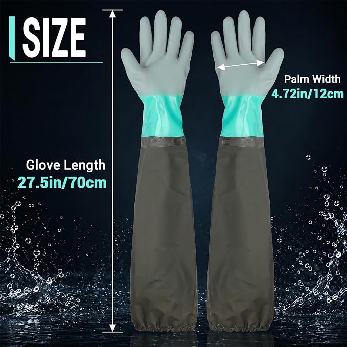 2 Pairs Aquarium Gloves Heavy Duty - 27.5 inch Waterproof Oil Resistant Anti-Slip Moisture-Wicking Elbow Length Gloves for Cleaning Pond Pet Fishing Garden Machinery Industry, Light Blue Gray
