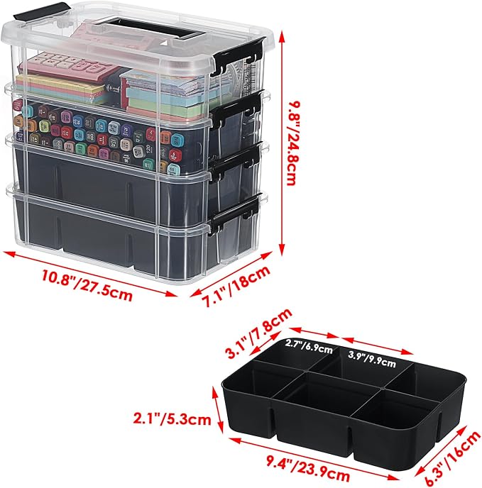 JUXYES 4-Tiers Plastic Stack Carry Storage Containers Box wih Handle Lids | Clear Stackable Latching Storage Bin With 2 Tray for School Office, Organizing Sewing, Art Craft, DIY Supplies, Black