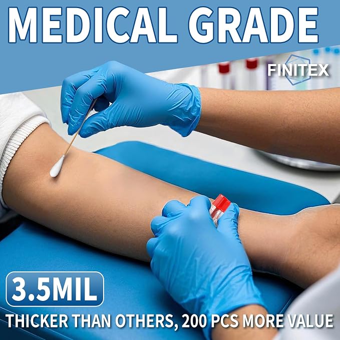 FINITEX Blue Disposable Nitrile Exam Gloves - 200 PCS/BOX 3.5mil Rubber Powder-Free Latex-Free Medical Cleaning Food Gloves