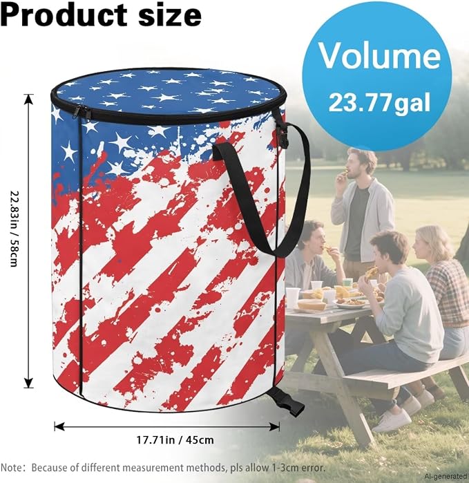 American Flag 24 Gal Collapsible Trash Can Waterproof Pop-Up Pop up Trash Can for Camping Backyard & Car Travel Easy to Clean Outdoor Garbage Bin Reusable Camping Essentials