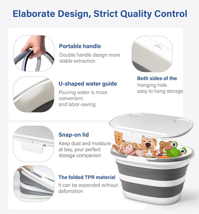 Collapsible Bucket, Upgraded 16L (4.2 Gallon) Collapsible Mop Bucket with Multi-Functional Lid, Foldable Portable Bucket Camping Beach Sand Pool Boat Fishing-Water Pot Pail-Space Saving Square