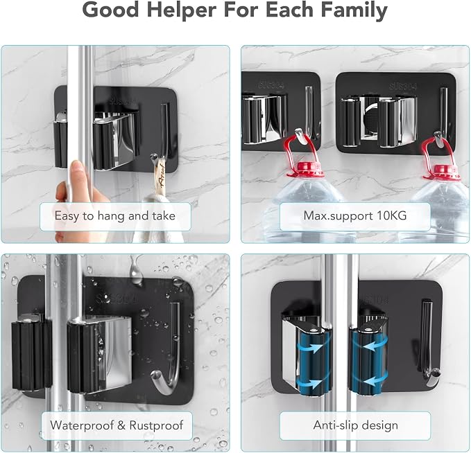 homeasy Broom Holder Wall Mount 4Pcs, Self Adhesive Mop Broom Hanger | Self adhesive stainless steel broom organizer with 4 hooks, holds mops, brooms and garden tools without drilling