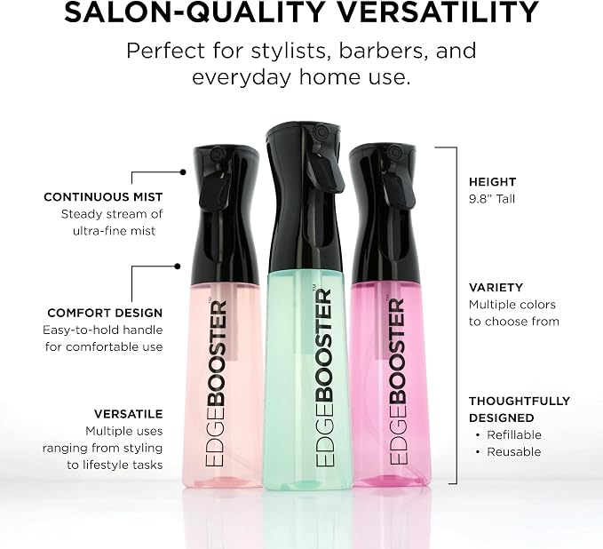 Style Factor Edge Booster Mist Spray Bottle for Hair (10.1oz/300ml) - Continuous Ultra Fine Mist Sprayer – For Hairstyling, Salons, Cleaning, Plants, Essential Oil & More - Black