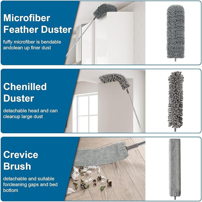7 Pcs Microfiber Feather Duster with 100-inch Telescopic Extendable Pole, Washable and Reusable Cobweb Duster Kit, Dusters for Cleaning High Ceiling,Fan,Furniture,Blinds
