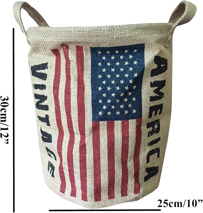 Burlap Waste Basket Vintage, Round Jute Organizer with Handles | Small Recycling Bin for Paper, Bottles & Cans, Rustic Home Office Decor, Patriotic American Flag Design, 10" Dia. X 12" H