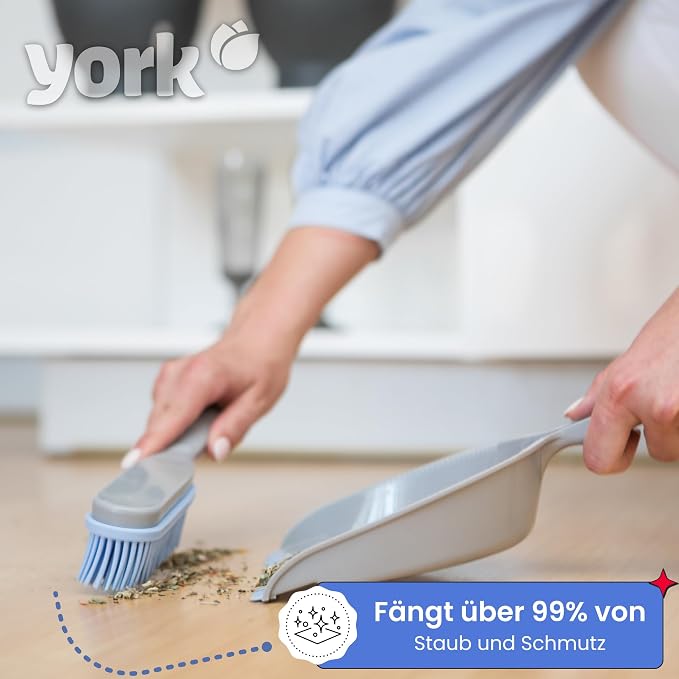 York Hand Brush and Shovel for Cleaning - Rubber Bristles Dustpan Set for Dirt, Hair and Dust Rubber Broom Sweeping Set (30 x 20 x 6) by York, Grey Blue | Antibacterial Dustpan with Rubber Lip and Hanger for Household and Kitchen, Grey/Blue