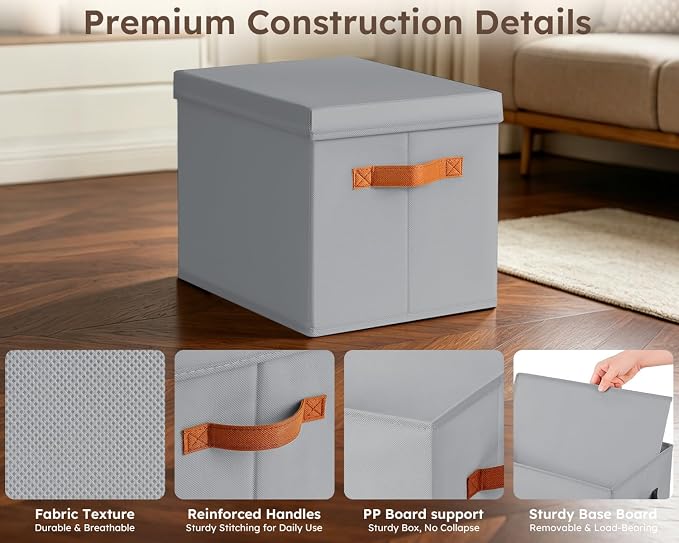 Storage Bins with Lids - Fabric Storage Baskets for Shelves, 4 Pack Foldable Decorative Boxes with Handles, Stackable Organizer Bins for Home, Nursery, Dorm, Grey