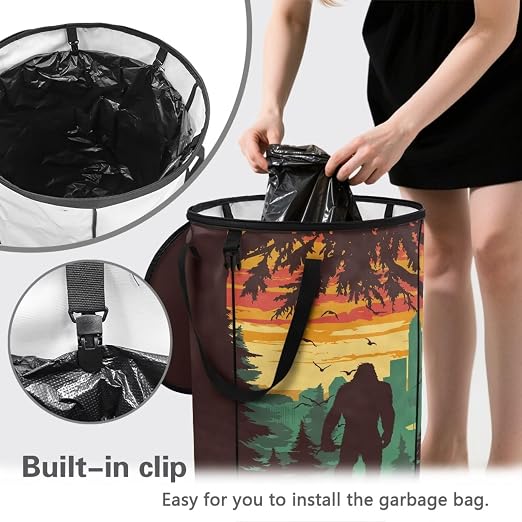 Sunset Bigfoot Camping Trash Can Collapsable Large Capacity Design Outdoor Trash Can with Lid Water Resistant Garbage Cans Easy to Use and Clean