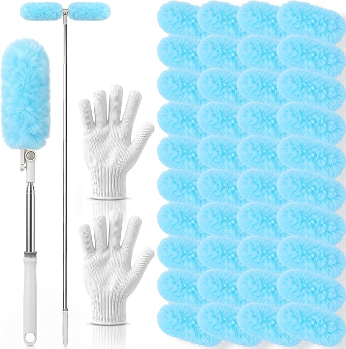 40 Pcs Heavy Duty Duster Refills with 6 ft Extendable Handle and 1 Pair of Gloves, Compatible with Swiffer 360° Disposable Microfiber Feather Dusters Kit for Cleaning Home(Blue)