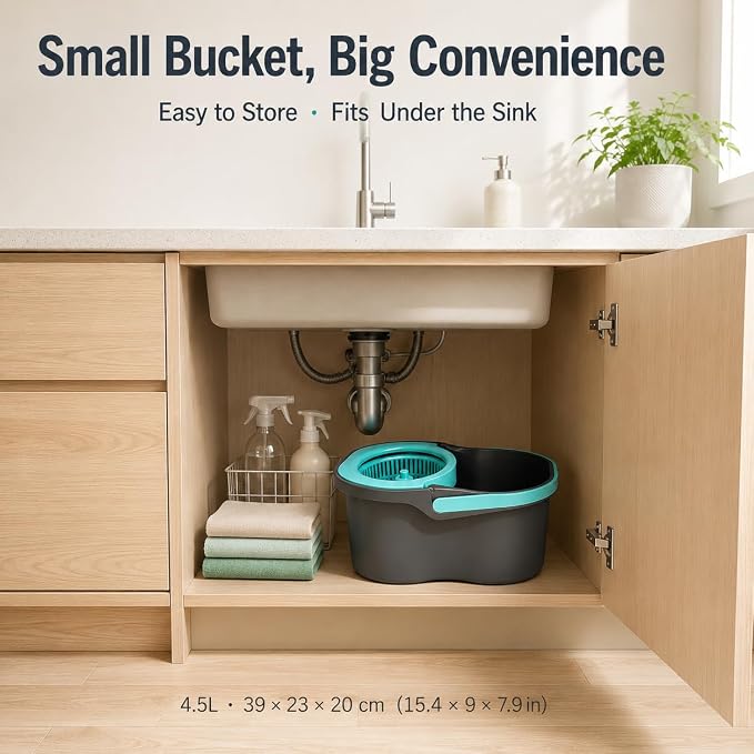 Lambert Home Spin Mop and Bucket Set with Wringer, Hands-Free Self-Wringing Floor Mop, 2 Washable Microfiber Mop Heads, 42.1-50 in Adjustable Stainless Steel Handle, Gray Blue