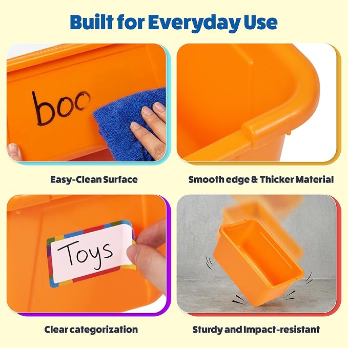GAMENOTE 6 Quart Plastic Storage Bins Without Lids,12 Pack, Colorful | Stackable 6-quart bins with lids organize classroom supplies, crafts, toys and building blocks for Classroom & Kids Toy