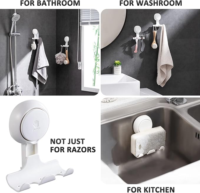 LEVERLOC Razor Holder for Shower 2 Pack, Powerful Suction Cup Hooks, White | No Drill, Powerful Suction Up to 11 lbs, Shower Hook for Bathroom Wall Glass Tile, Removable Holder for Razor Towel Loofah