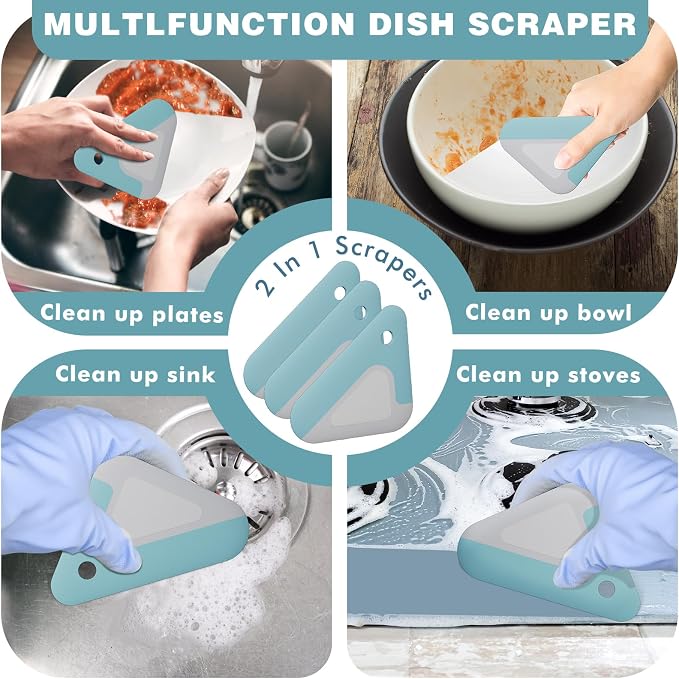 Food Scraper Dish Scraper for Cast Iron Skillets, Cookware, Pans and Pots | Nylon and Silicone, 2-in-1 Kitchen Scraper Tools, Pan Scraper, Heat resistant to 140 ℉, 3 Pack