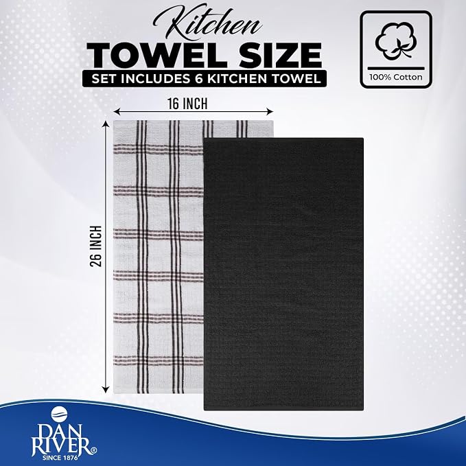 DAN RIVER Black Kitchen Towels, 6 Pack, 16x26 Inches Absorbent Dish Towels | Soft 100% cotton kitchen towels for drying dishes, wiping countertops,handling everyday kitchen messes,absorbent dish towels