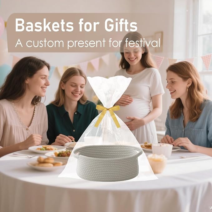 JMvicyroam Small Woven Basket, Empty Gift Basket, Grey/2 Pack | Small Gift Basket, Cotton Rope, 12 x 8 x 37 in, Handles, Includes Ribbon and Bag, Birthday Gift Basket