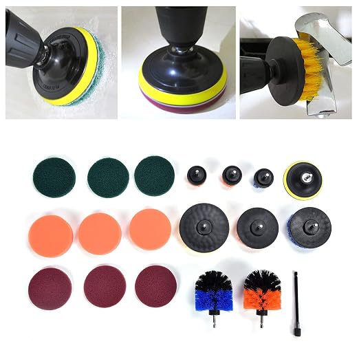 19PCS Drill Brush Attachment Set, Power Scrubber Kit with Nylon Brushes and Sponge Pads for Deep Cleaning Kitchen, Bathroom, Car and Pool Surfaces
