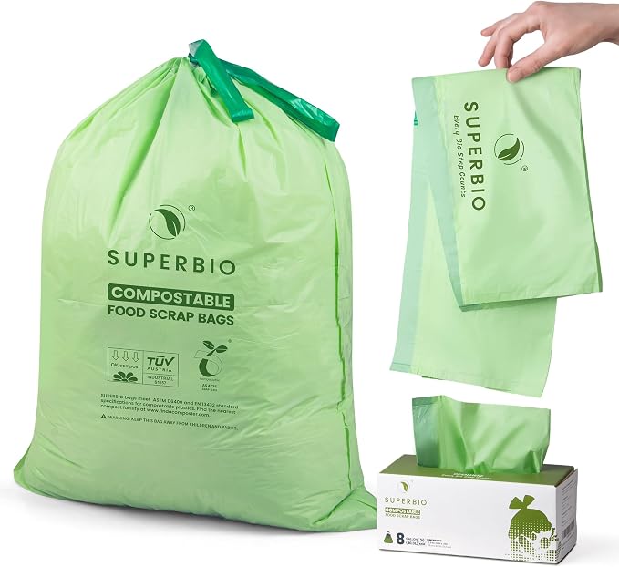 SUPERBIO 8 Gallon Compostable Drawstring Kitchen Waste Bags | 30.3 Liter, 30 Count, 1 Mil, Heavy Duty Food Waste Bags, BPI, Seedling and OK compost INDUSTRIAL