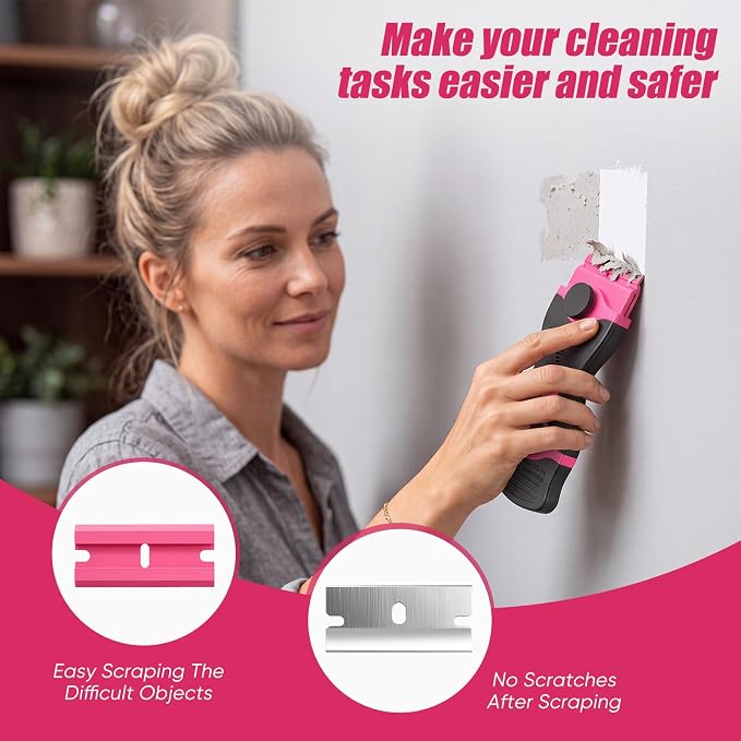 2 Pack Double-Ended Razor Blade Scraper, 30 Blades(pink) | Multi-Purpose Tool for Glass, Cooktop, Sticker Removal, Paint & Gum Cleaning